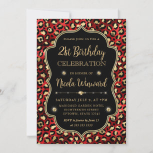 Gold and Red Leopard Print Birthday Party Invitation