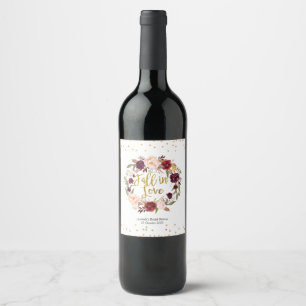 Gold and Red Marsala Floral Fall in Love Wine Label