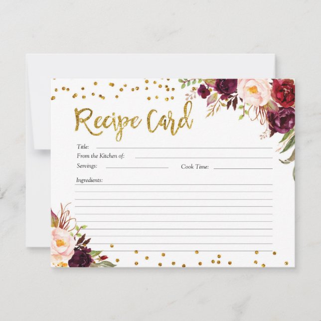 Gold and Red Marsala Floral Recipe Card (Front)