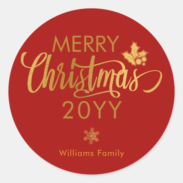 Gold and Red Merry Christmas Custom Holiday Classi Classic Round Sticker (Front)