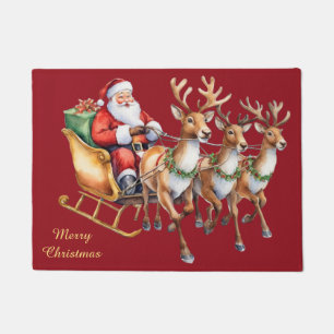 Gold and Red Modern Flying Santa Sleigh Reindeer   Doormat