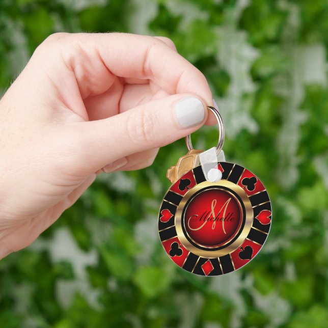 Gold and Red Poker Chip Design - Monogram Keychain (Hand)