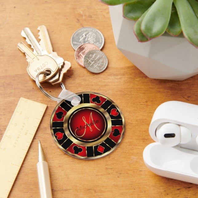 Gold and Red Poker Chip Design - Monogram Keychain (Desk)