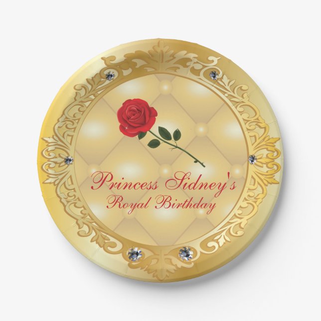 Gold and Red Rose Princess Party Paper Plate (Front)