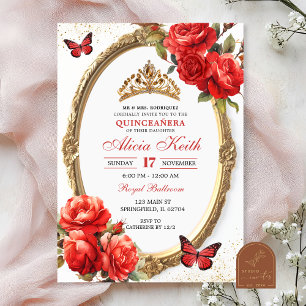 Gold and Red Roses Gold Quinceanera Invitation