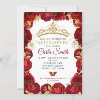 Gold and Red Roses Mis Quince Birthday Invitation