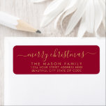 Gold and Red Script Christmas Return Address Label<br><div class="desc">Modern Elegant Gold Script Red Family  Name Christmas Return Address Labels. Featuring a pretty hand-written calligraphy swash-tail font script with saying "Merry Christmas". Great for Christmas holiday season,  easy to personalise them with your names and return address info.</div>