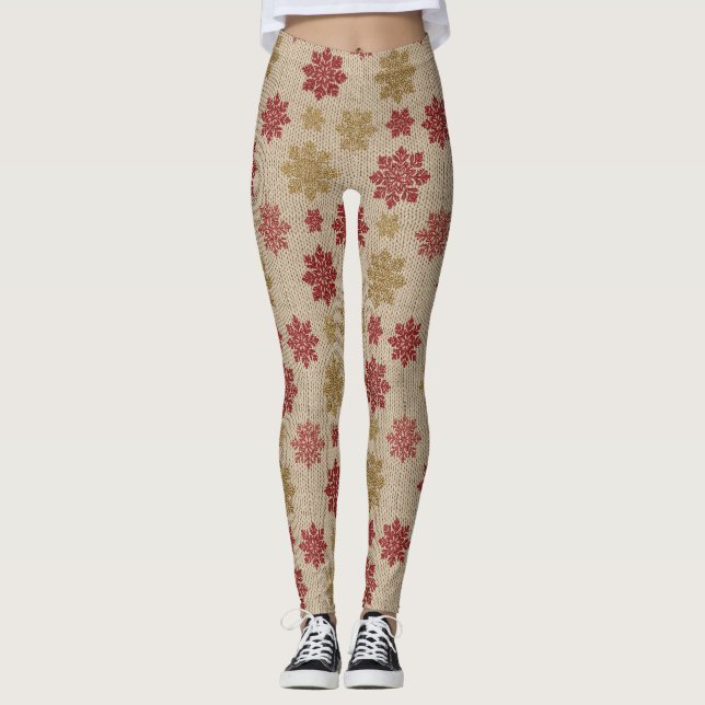 Gold and Red Snowflake Knit Pattern on Cream Leggings (Front)