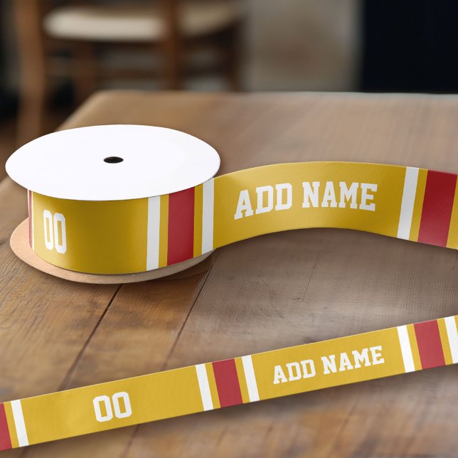 Gold and Red Striped Jersey Personalised Satin Ribbon (Custom Ribbon - add your personalized text)