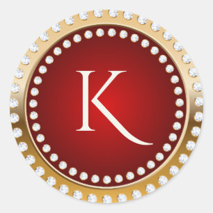 Gold and Red White Diamonds Monogram Classic Round Sticker