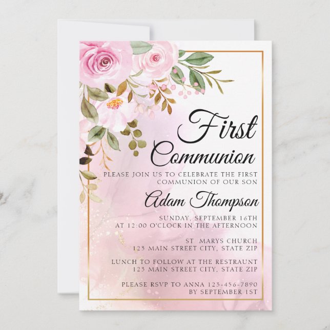 Gold and Rose Marble Pink First Communion Invitation (Front)