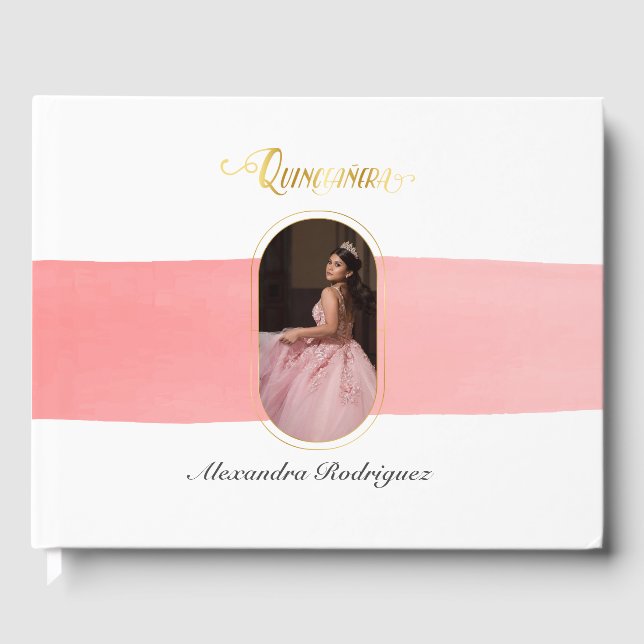 Gold and Rose Pink Photo Quinceanera Guest Book (Front)