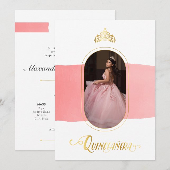 Gold and Rose Pink Photo Quinceanera Invitation (Front/Back)