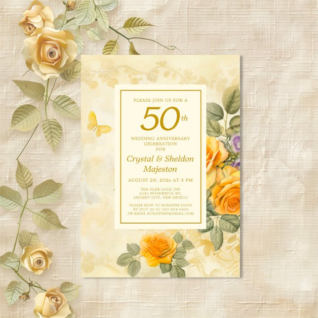 Gold and Roses 50th Wedding Anniversary Invitation (Gold Yellow Roses 50th Wedding Anniversary Invitation)