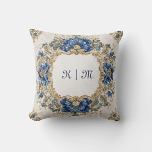 Gold and Royal Blue Floral Baroque Round Frame Cushion