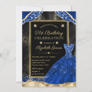 Gold and Royal Blue Glitter Dress 21st Birthday Invitation