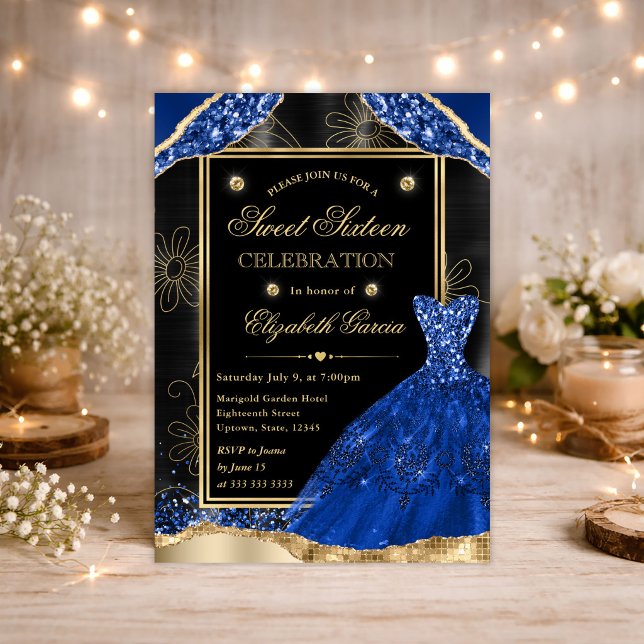 Gold and Royal Blue Glitter Dress Sweet Sixteen Invitation (Creator Uploaded)