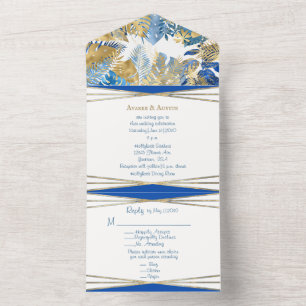Gold and Royal Blue Tropical Leaf All In One Invitation