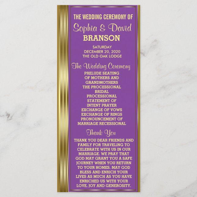Gold and Royal Purple Wedding Custom Program Programme (Front)