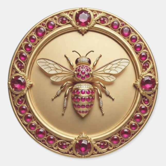 Gold and Ruby Studded Honey Bee Classic Round Sticker (Front)
