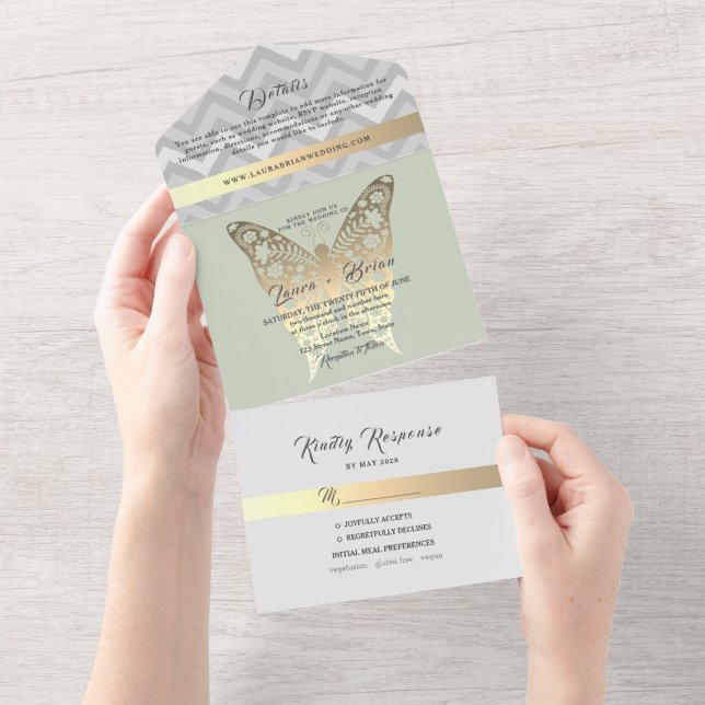 Gold and Sage Green Wedding All In One Invitation (Tearaway)
