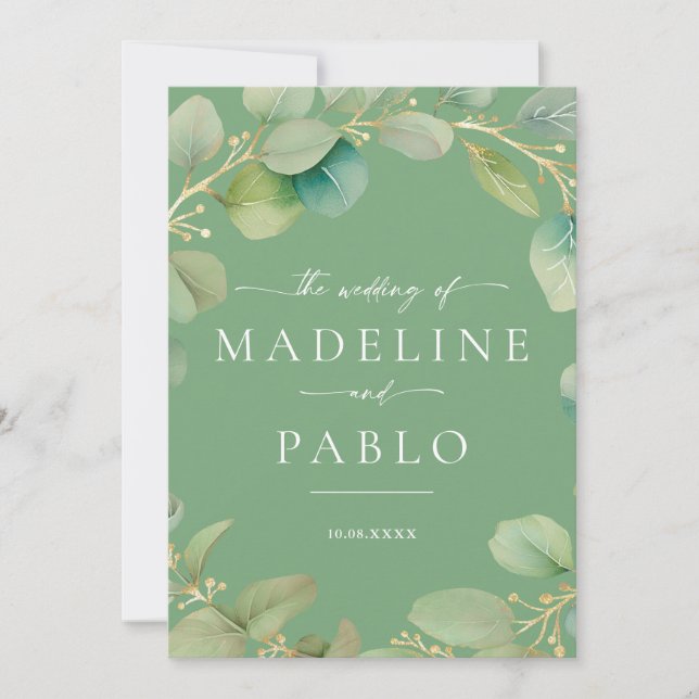 Gold and Sage Green Wedding Invitation (Front)