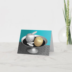 Gold and silver apples on a silver pedestal holiday card