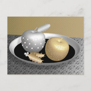 Gold and silver apples on a silver platter postcard