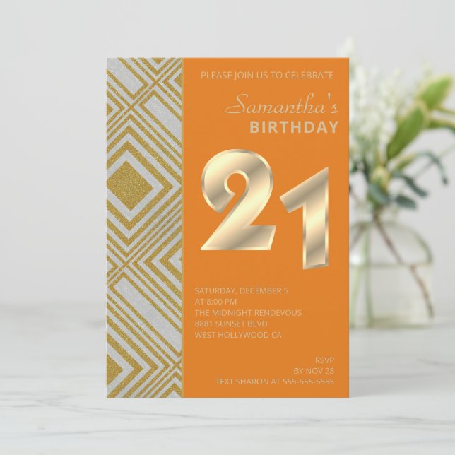 Gold and Silver Art Deco Birthday Invitation (Standing Front)