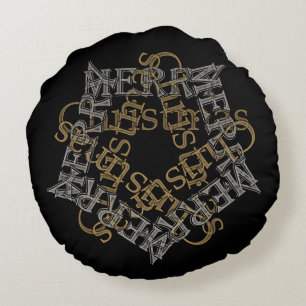Gold and Silver Christmas Star Calligraphy, Black Round Cushion