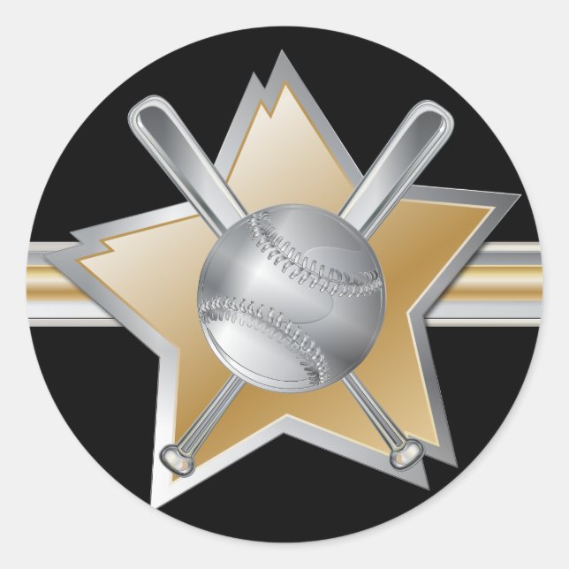 Gold and silver effect baseball star classic round sticker (Front)