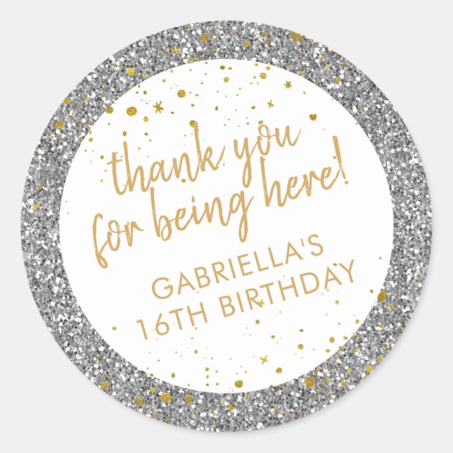 Gold and Silver Glitter Thank You Birthday Favour Classic Round Sticker (Front)
