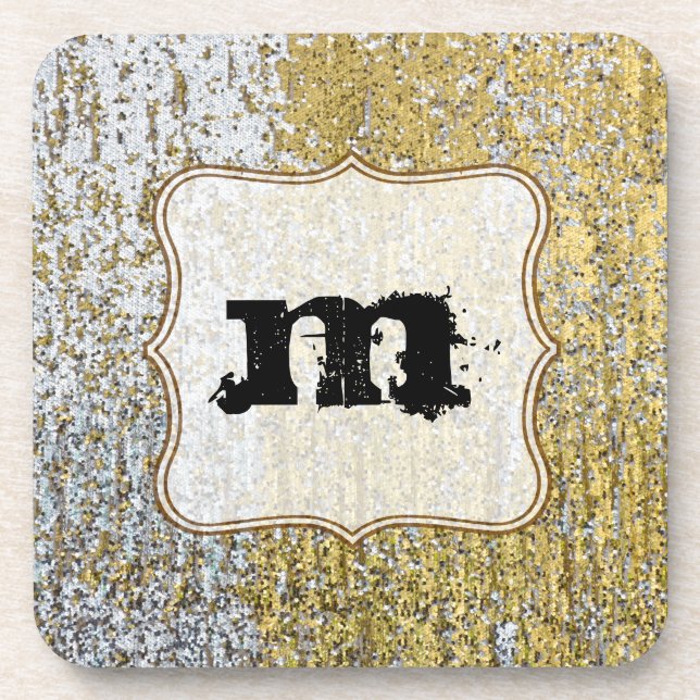 Gold and Silver Grunge Monogram Drink Coaster (Front)