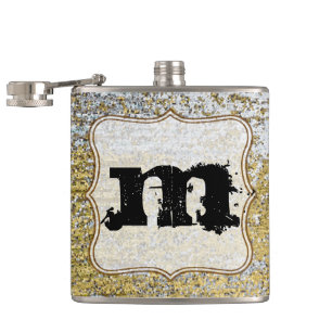 Gold and Silver Grunge Monogram Whiskey Flask