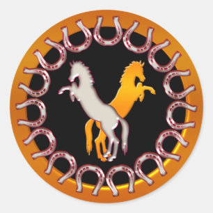 Gold and Silver Horseshoes and Horses Classic Round Sticker