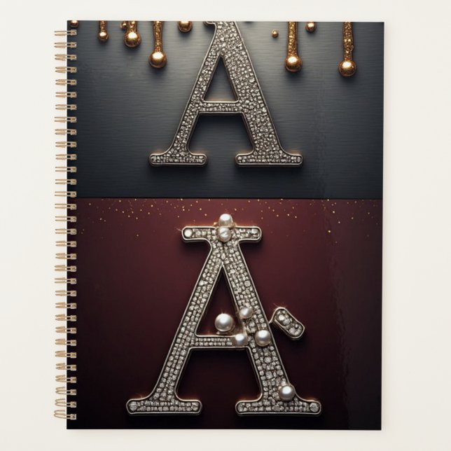 Gold and Silver Letter A Monogram Planner (Front)