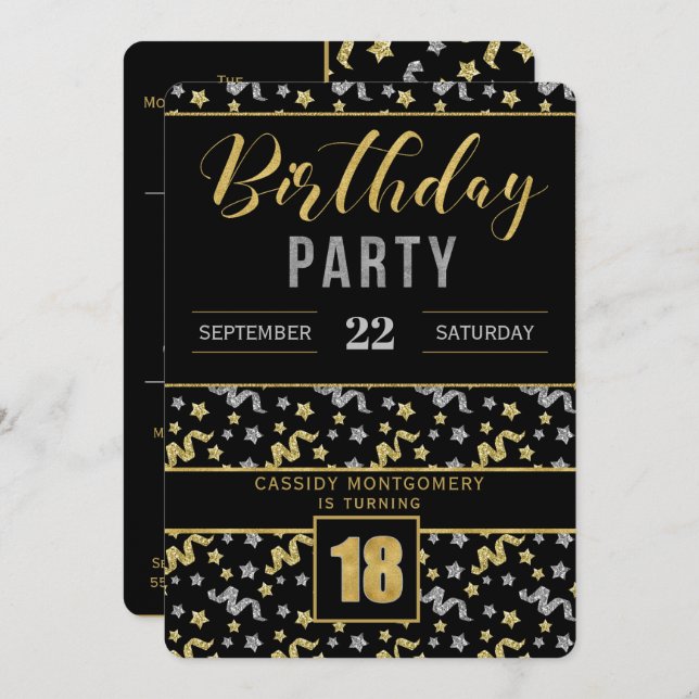 Gold and Silver on Black 18th Birthday Confetti Invitation (Front/Back)