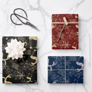 Gold and Silver Reindeer Pattern Wrapping Paper Sheet
