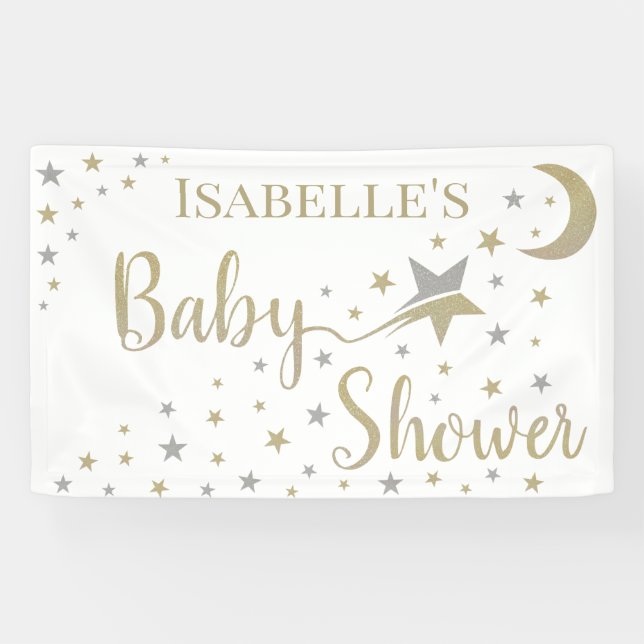Gold and Silver Stars Gender Neutral Baby Shower Banner (Horizontal)