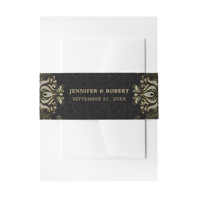 Gold and Silver Swirl On Black Damask Invitation Belly Band (Front Example)
