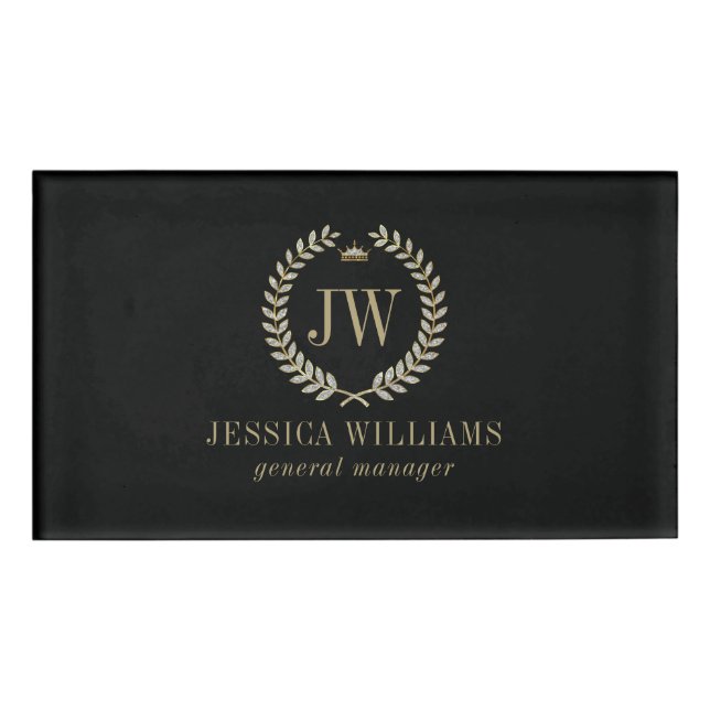 Gold and silver wreath custom monogram name tag (Front)