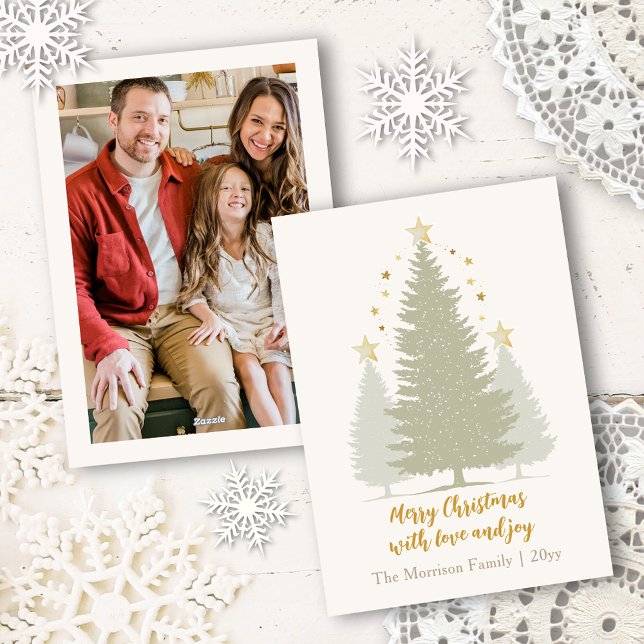 Gold and Soft Christmas Trees and Stars Photo Holiday Card (Gold and Soft Christmas Trees and Stars Photo Holiday Card)