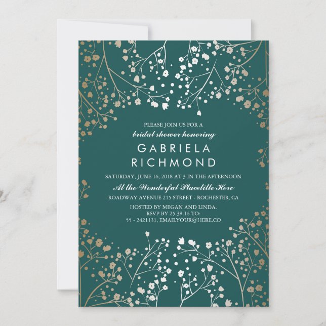 Gold and Teal Baby's Breath Bridal Shower Invitation (Front)