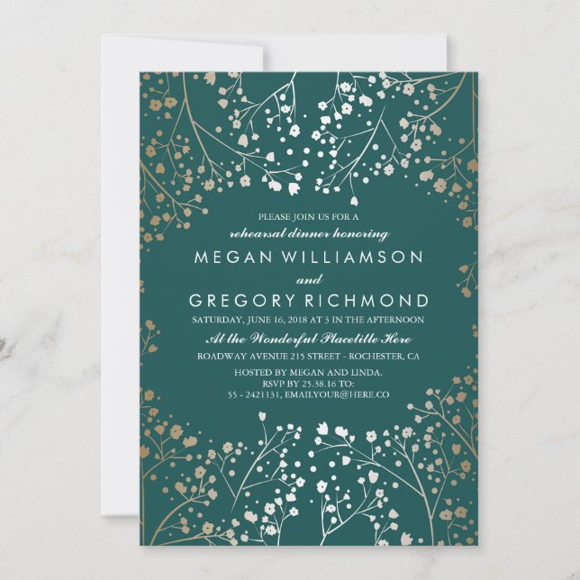 Gold and Teal Baby's Breath Rehearsal Dinner Invitation (Front)