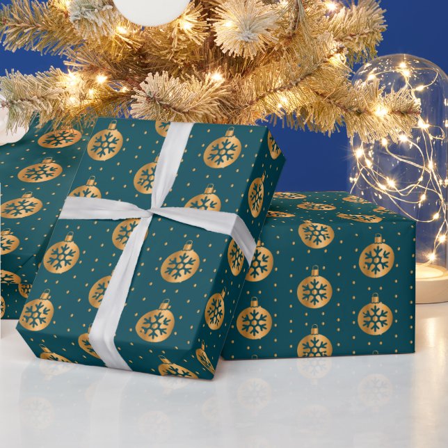 Gold and Teal Blue Christmas Ornaments Wrapping Paper (Holidays)