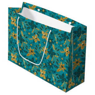 Gold and Teal Blue Christmas Poinsettia Flowers Large Gift Bag