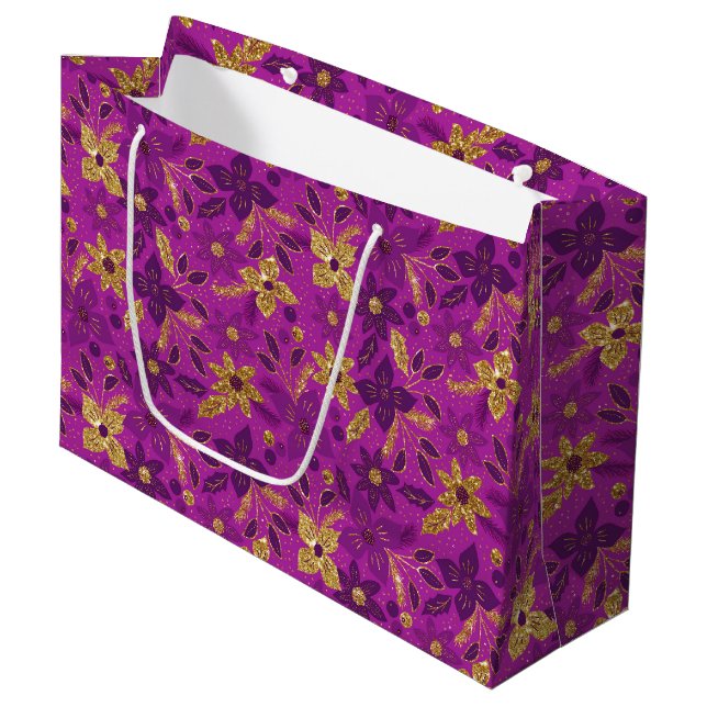 Gold and Teal Blue Christmas Poinsettia Flowers Large Gift Bag (Front Angled)