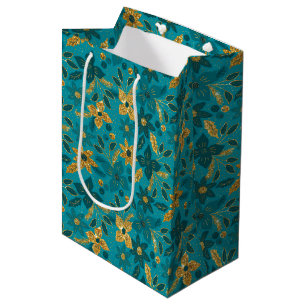 Gold and Teal Blue Christmas Poinsettia Flowers Medium Gift Bag