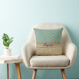 Gold and teal chevron glittery cushion