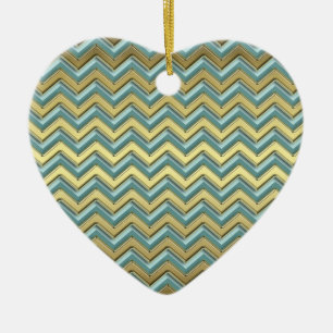 Gold and Teal Chevron Pattern Ceramic Tree Decoration